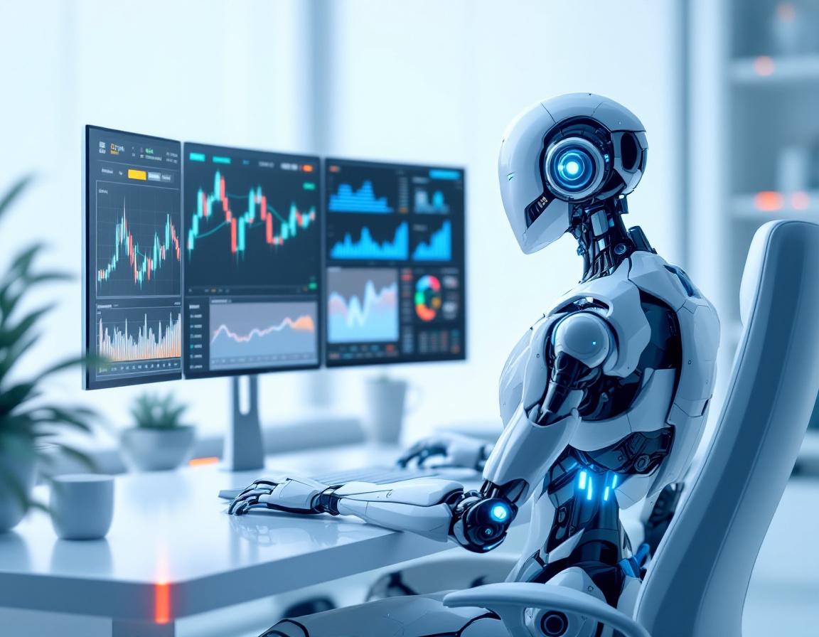 A humanoid AI trading bot at a workstation, analyzing market data across multiple detailed screens.