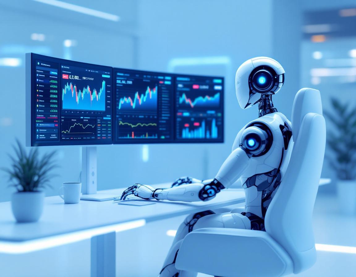 A futuristic AI trading bot analyzes market data at a sleek workstation with multiple screens.