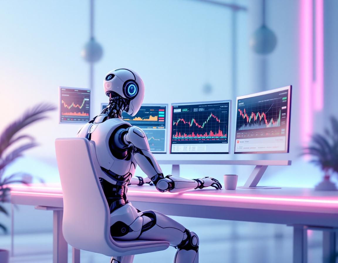 A humanoid AI trading bot analyzes market data at a high-tech workstation in a futuristic setting.