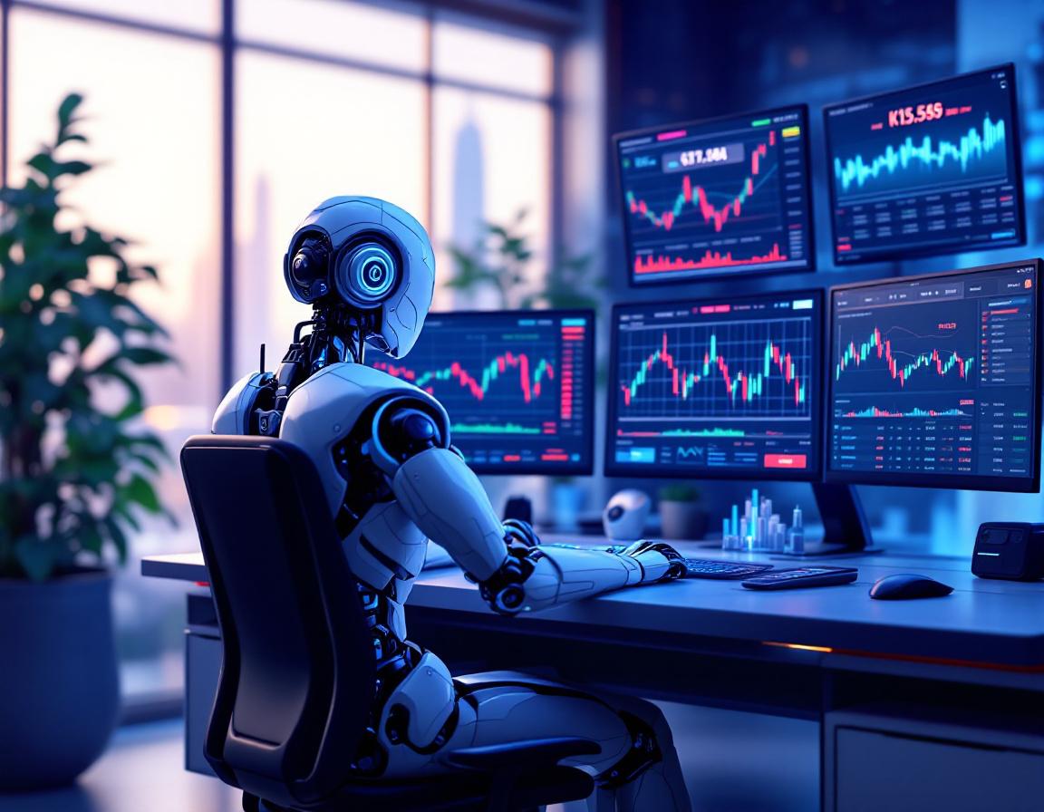 A hyper-realistic AI trading bot at a high-tech workstation analyzing crypto market data and trends.