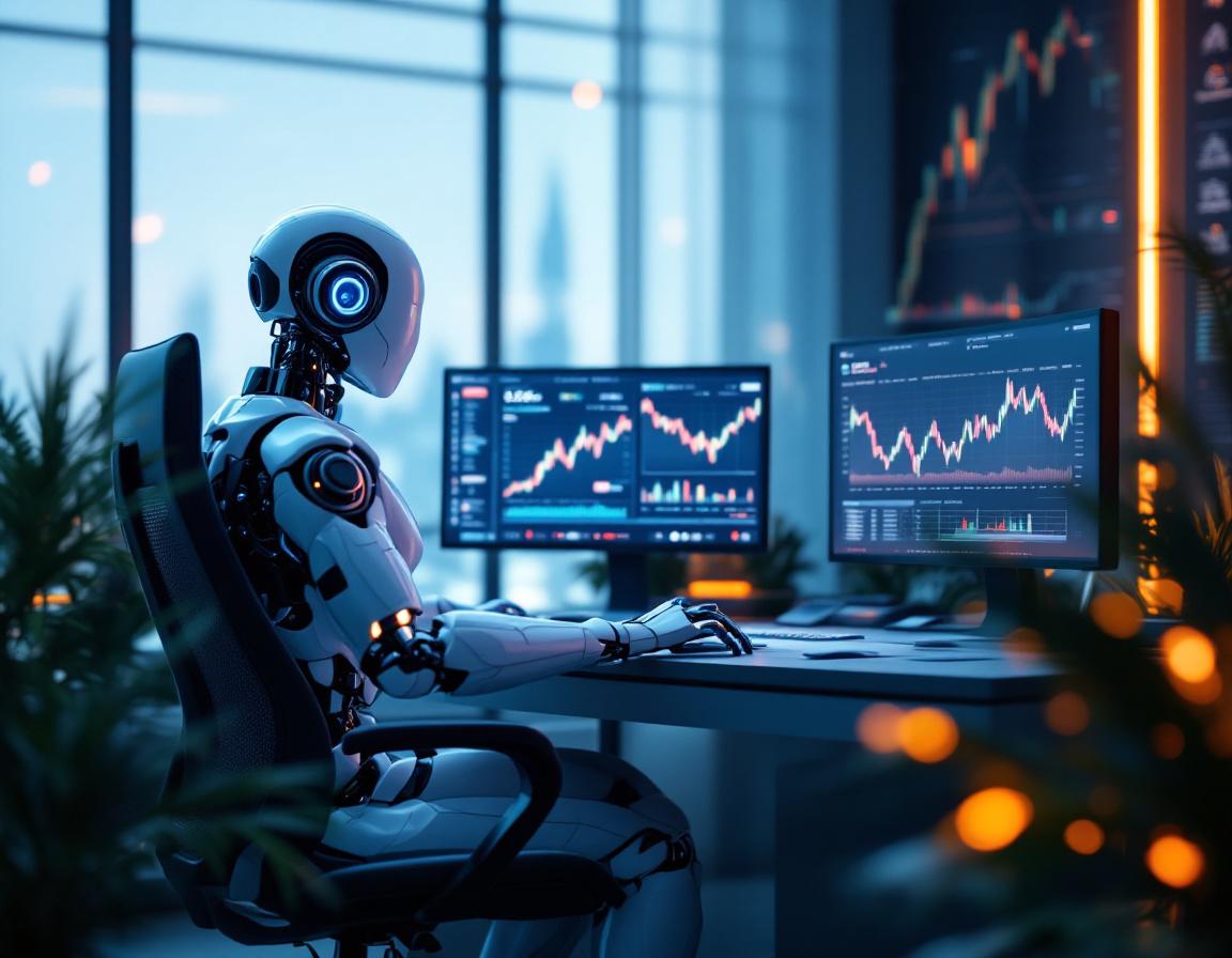 A humanoid AI trading bot is analyzing data at a high-tech workstation in a futuristic environment.