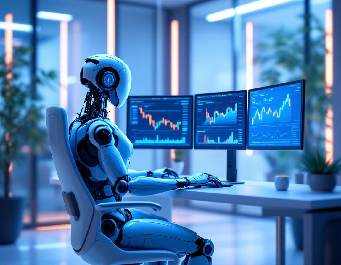 A futuristic AI trading bot at a high-tech workstation analyzing market data on multiple screens.