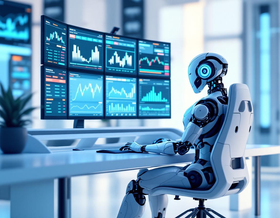 A hyper-realistic AI trading bot at a workstation, analyzing data across multiple financial screens.