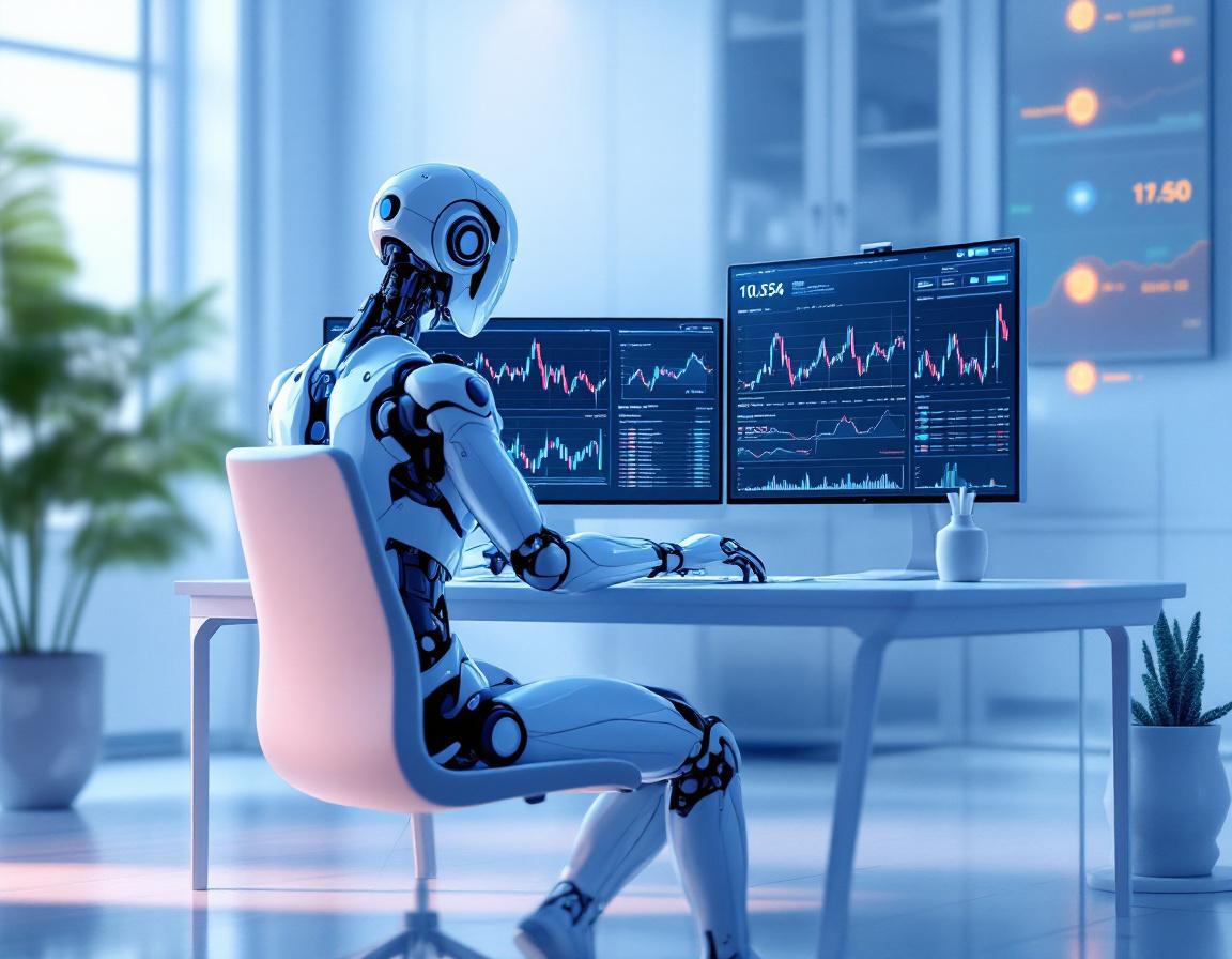 A humanoid AI trading bot analyzes market data at a high-tech workstation with glowing screens.