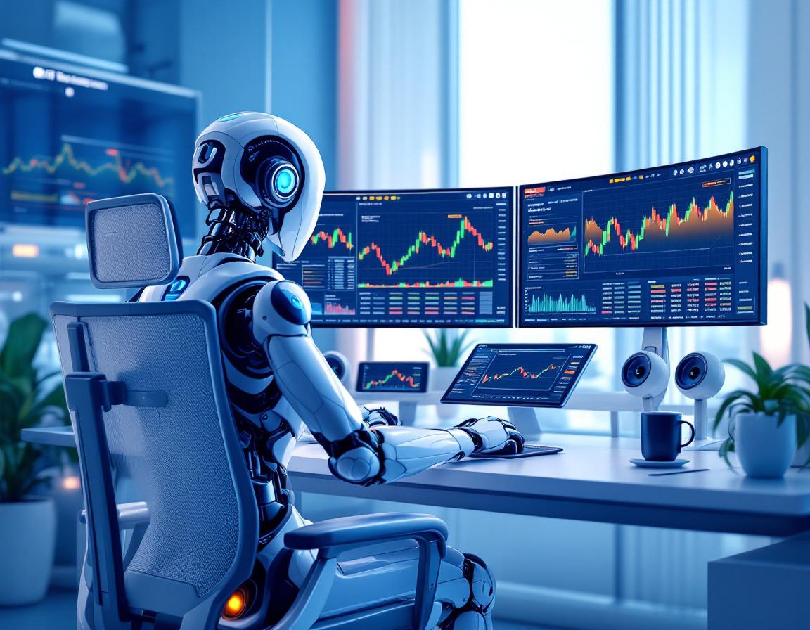 A hyper-realistic AI trading bot at a futuristic workstation analyzing stock and crypto market data.