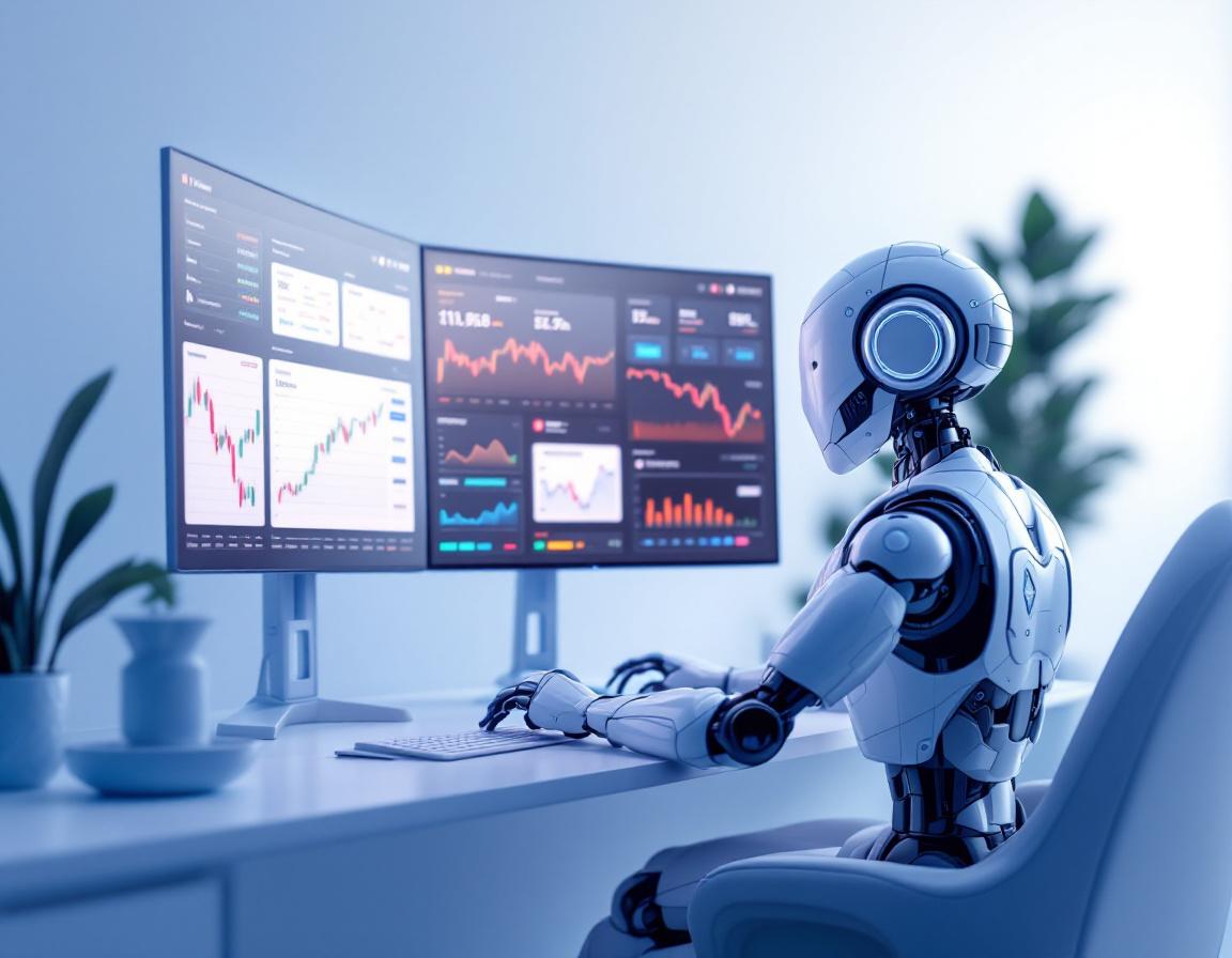 A humanoid AI trading bot analyzes market data at a high-tech workstation, multiple screens active.
