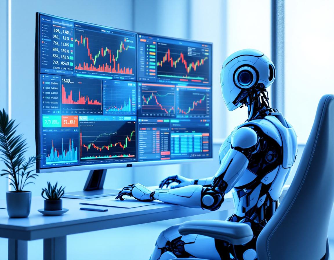 A hyper-realistic AI trading bot analyzes market data at a high-tech workstation, displaying charts.