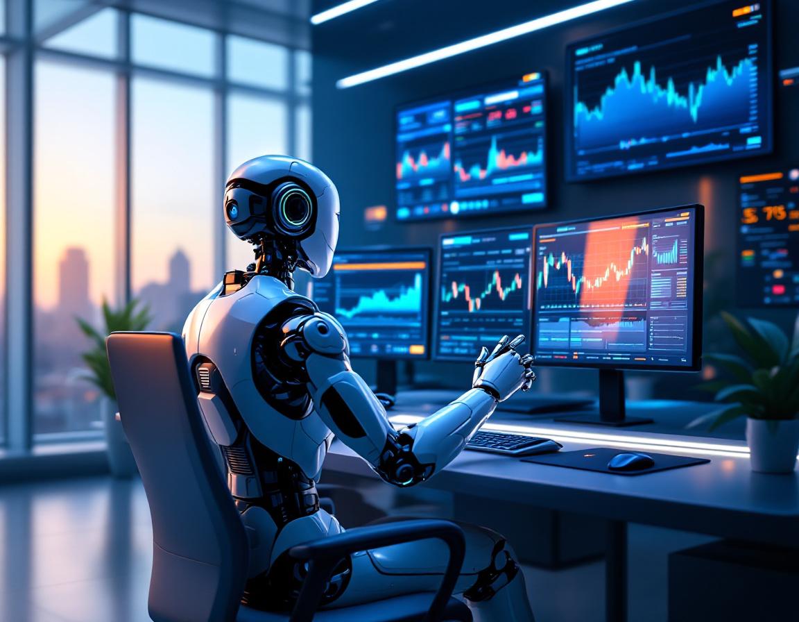 A hyper-realistic AI trading bot at a high-tech workstation analyzing crypto and stock market data.