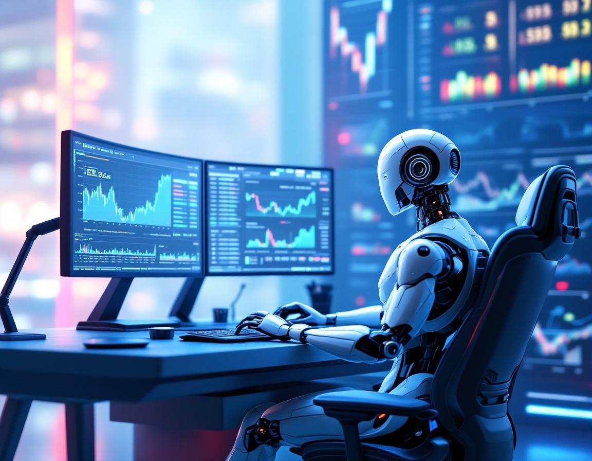 A humanoid AI trading bot analyzes market data at a high-tech workstation surrounded by screens.