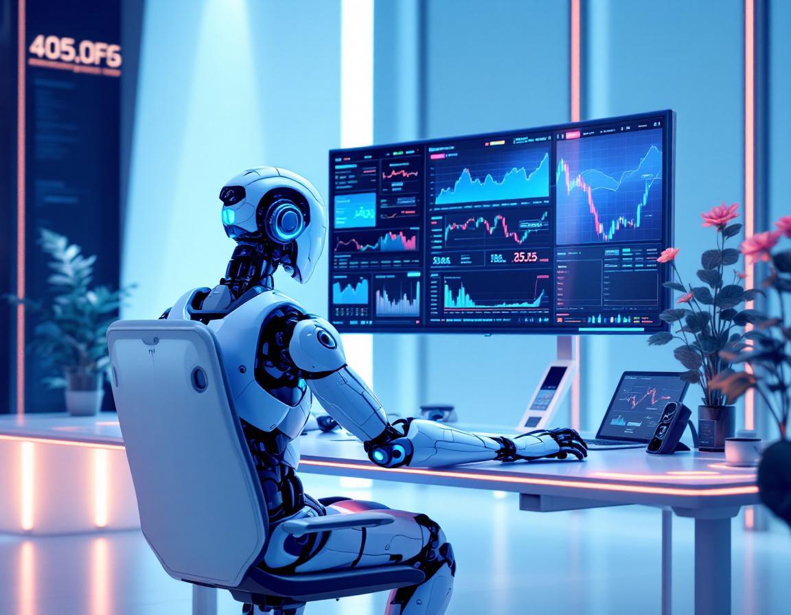 A hyper-realistic AI trading bot at a workstation analyzing market data across multiple screens.
