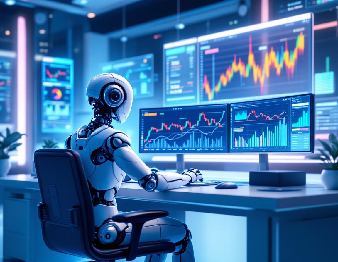 A hyper-realistic AI trading bot in a futuristic workspace analyzing market data on glowing screens.