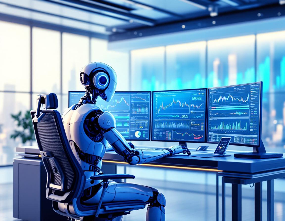 A sleek humanoid AI trading bot at a high-tech workstation analyzing crypto and stock market data.