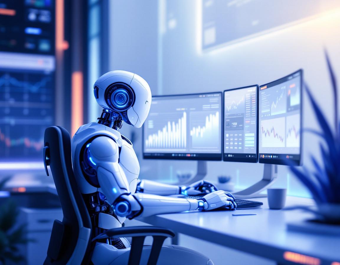 A humanoid AI trading bot analyzes market data at a futuristic workstation with multiple screens.