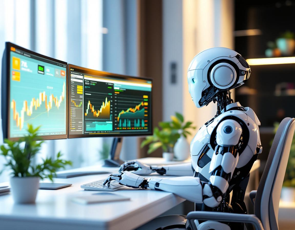 A hyper-realistic AI trading bot analyzes market data on multiple screens in a futuristic setting.