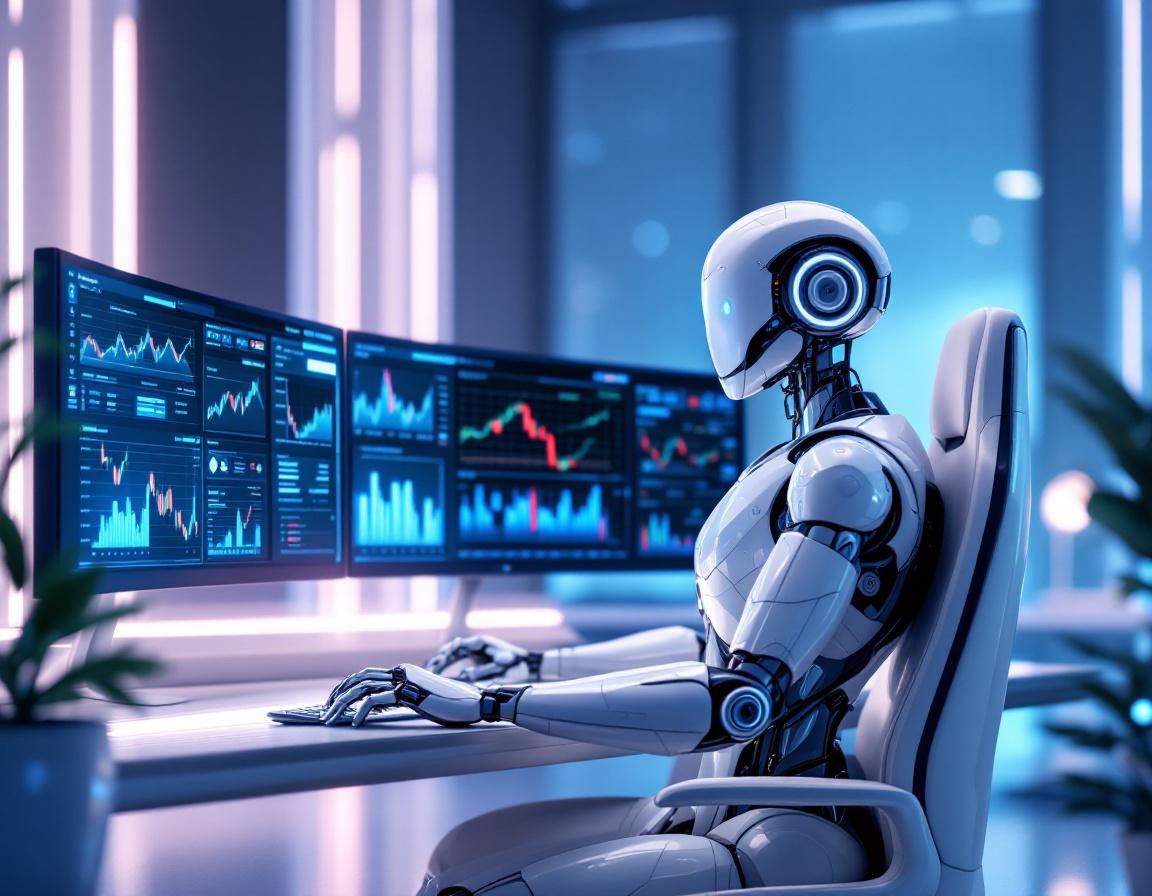 A humanoid AI trading bot at a high-tech workstation analyzing market data on multiple screens.