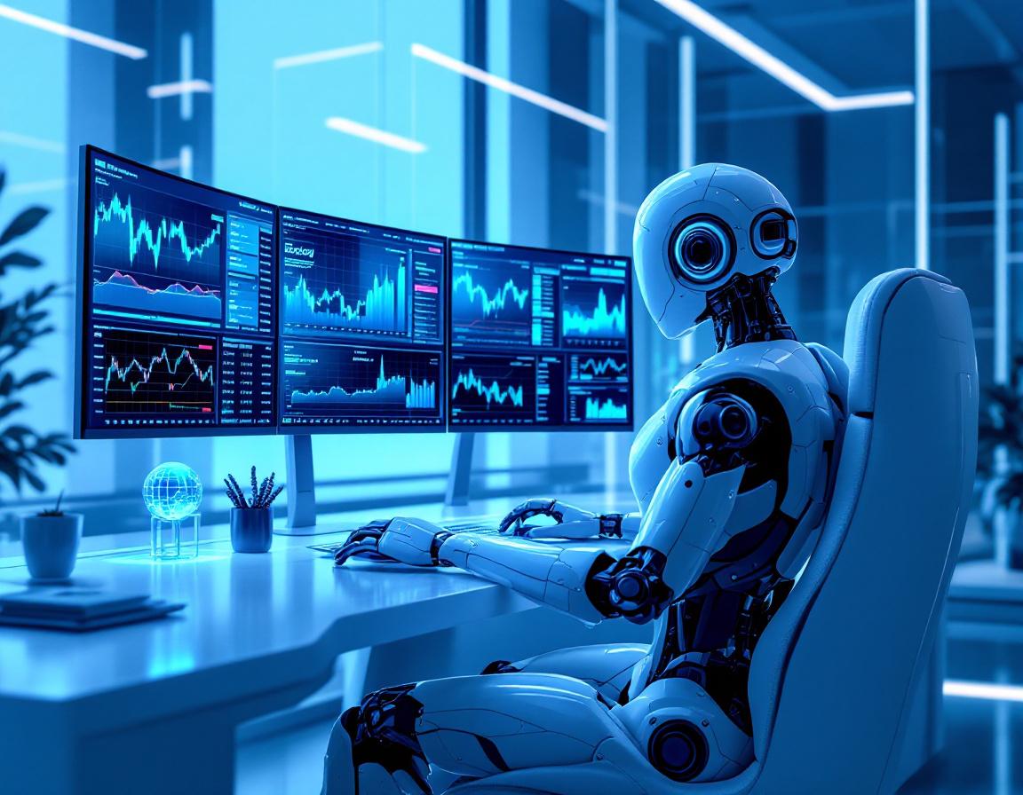 A hyper-realistic AI trading bot at a workstation analyzing market data across vibrant screens.