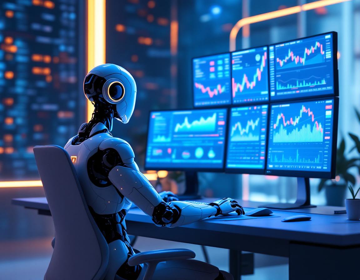 A humanoid AI trading bot at a high-tech workstation analyzing market data across multiple screens.