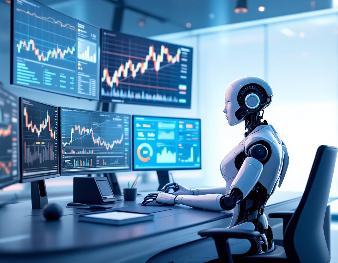 A hyper-realistic AI trading bot at a high-tech station analyzing stock and crypto market data.
