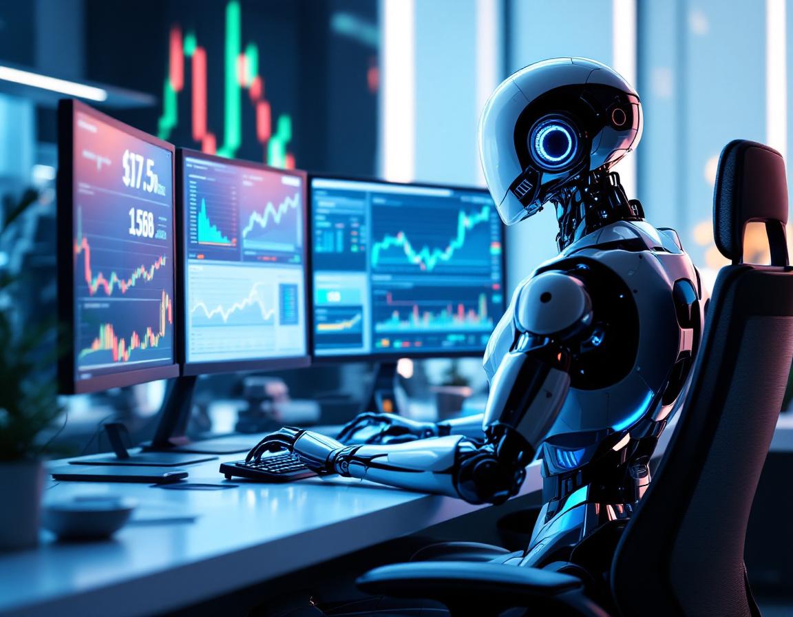 A humanoid AI trading bot in a high-tech workstation, analyzing market data across multiple screens.