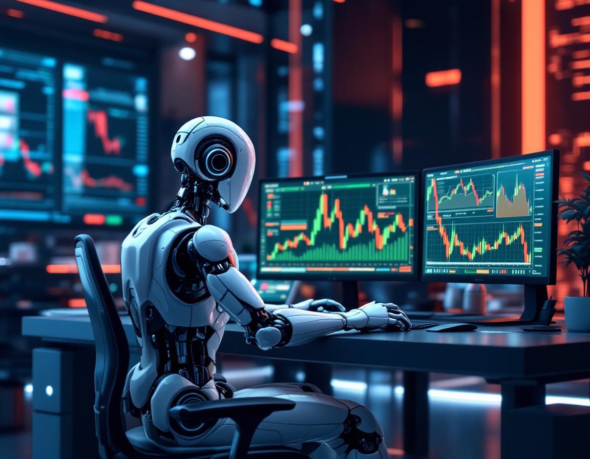A humanoid AI trading bot at a high-tech workstation analyzing market data on multiple screens.
