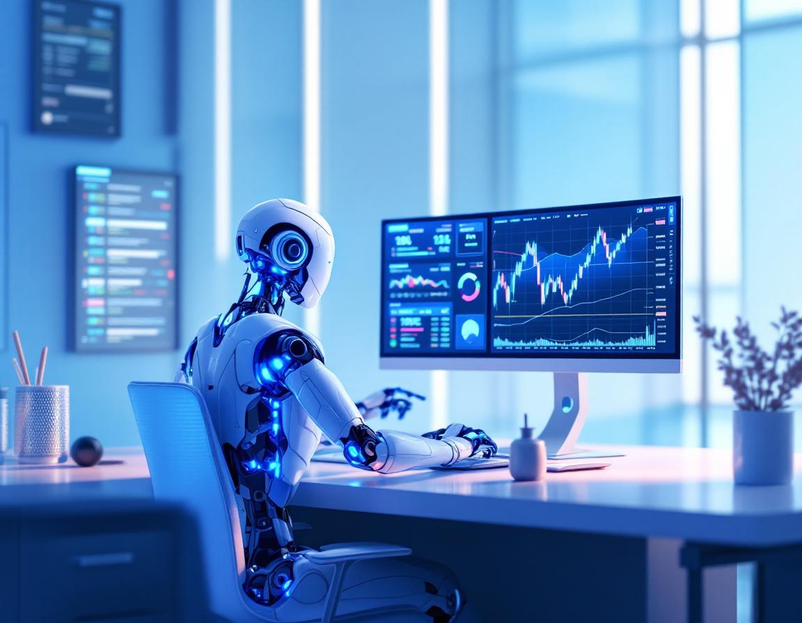 A hyper-realistic AI trading bot at a high-tech station, analyzing market data on multiple screens.