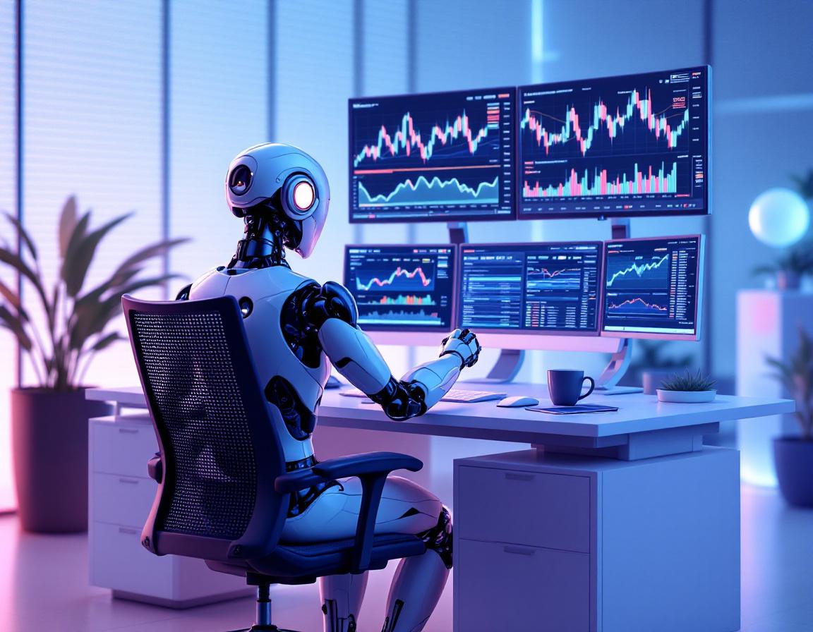 A sleek humanoid AI trading bot at a high-tech workstation analyzing multiple crypto market screens.