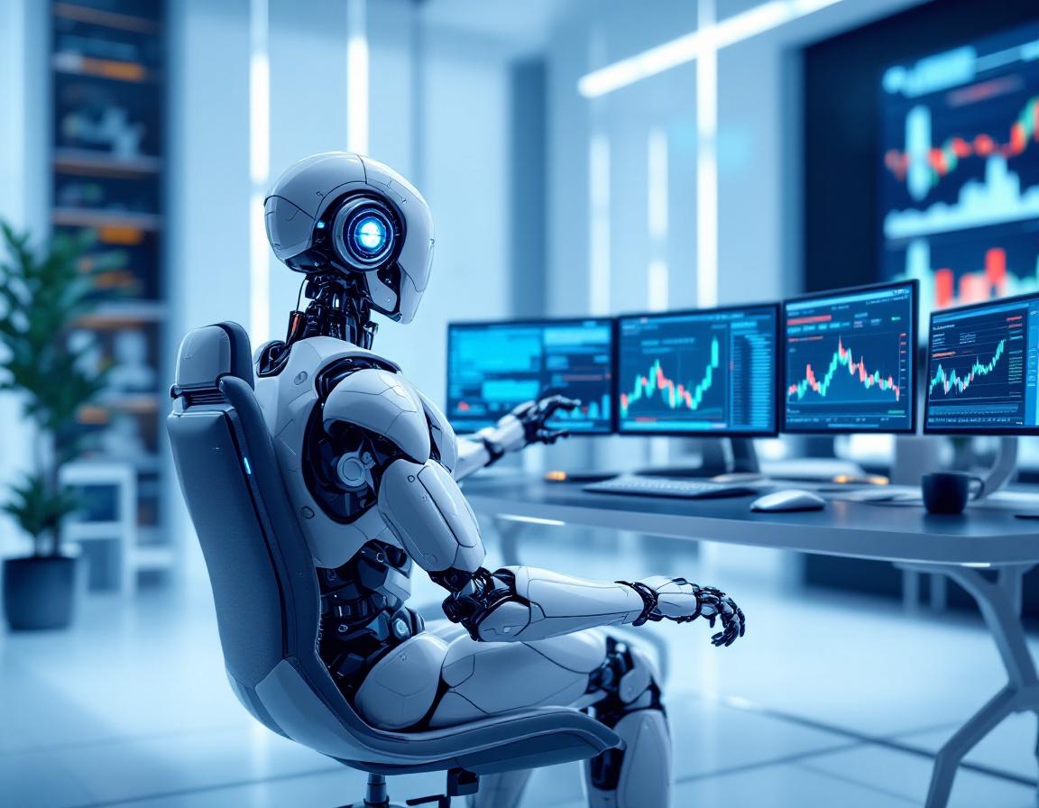 A hyper-realistic AI trading bot seated at a workstation, analyzing market data on multiple screens.