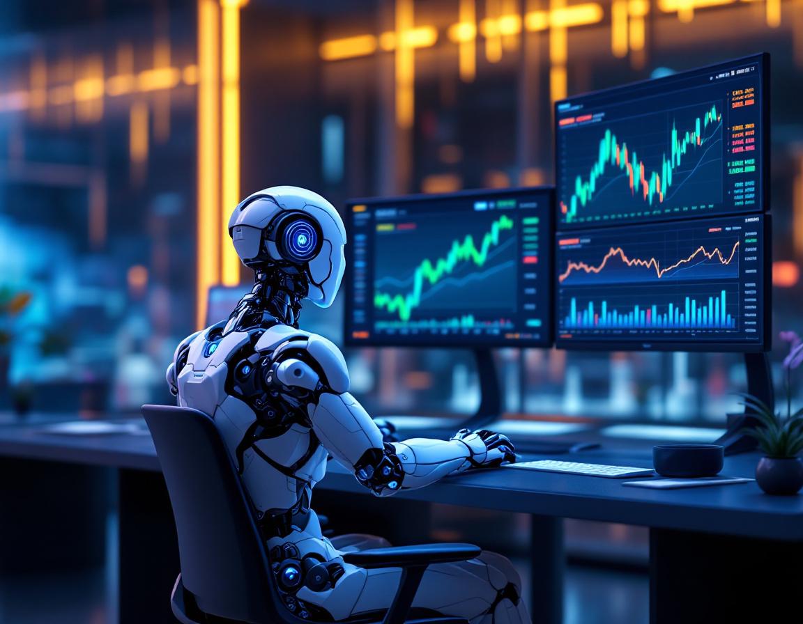 A humanoid AI trading bot at a high-tech workstation analyzes market data on multiple screens.