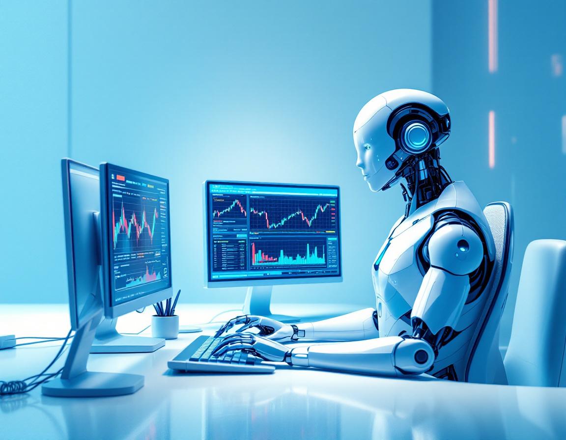 A humanoid AI trading bot at a workstation, analyzing market data on multiple glowing screens.