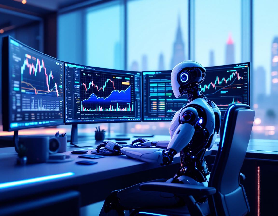 A humanoid AI trading bot analyzes market data at a high-tech workstation with multiple screens.