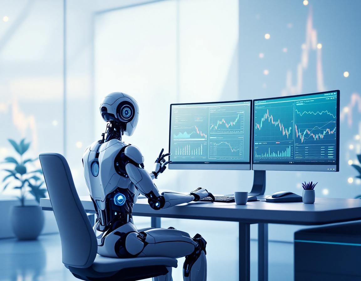 A humanoid AI trading bot at a sleek workstation, analyzing crypto data across multiple screens.