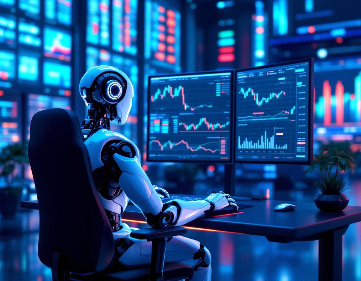 A hyper-realistic AI trading bot at a high-tech workstation analyzing crypto and stock market data.