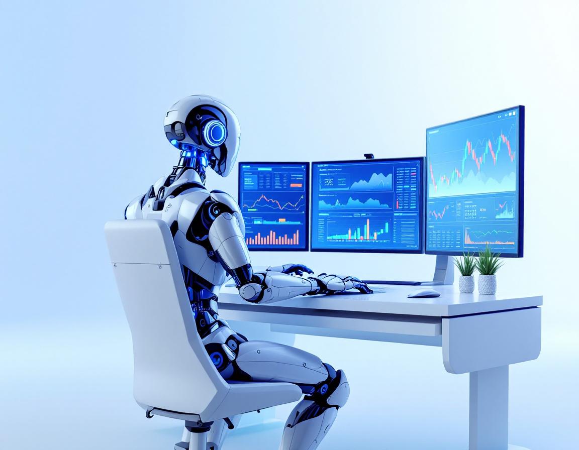 A hyper-realistic AI trading bot at a high-tech workstation analyzing data on multiple screens.