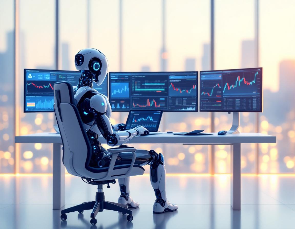 A hyper-realistic AI trading bot analyzes market data on multiple screens in a futuristic setting.