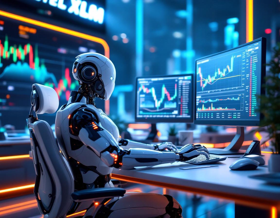 A hyper-realistic 3D AI trading bot at a workstation analyzing market data on multiple screens.