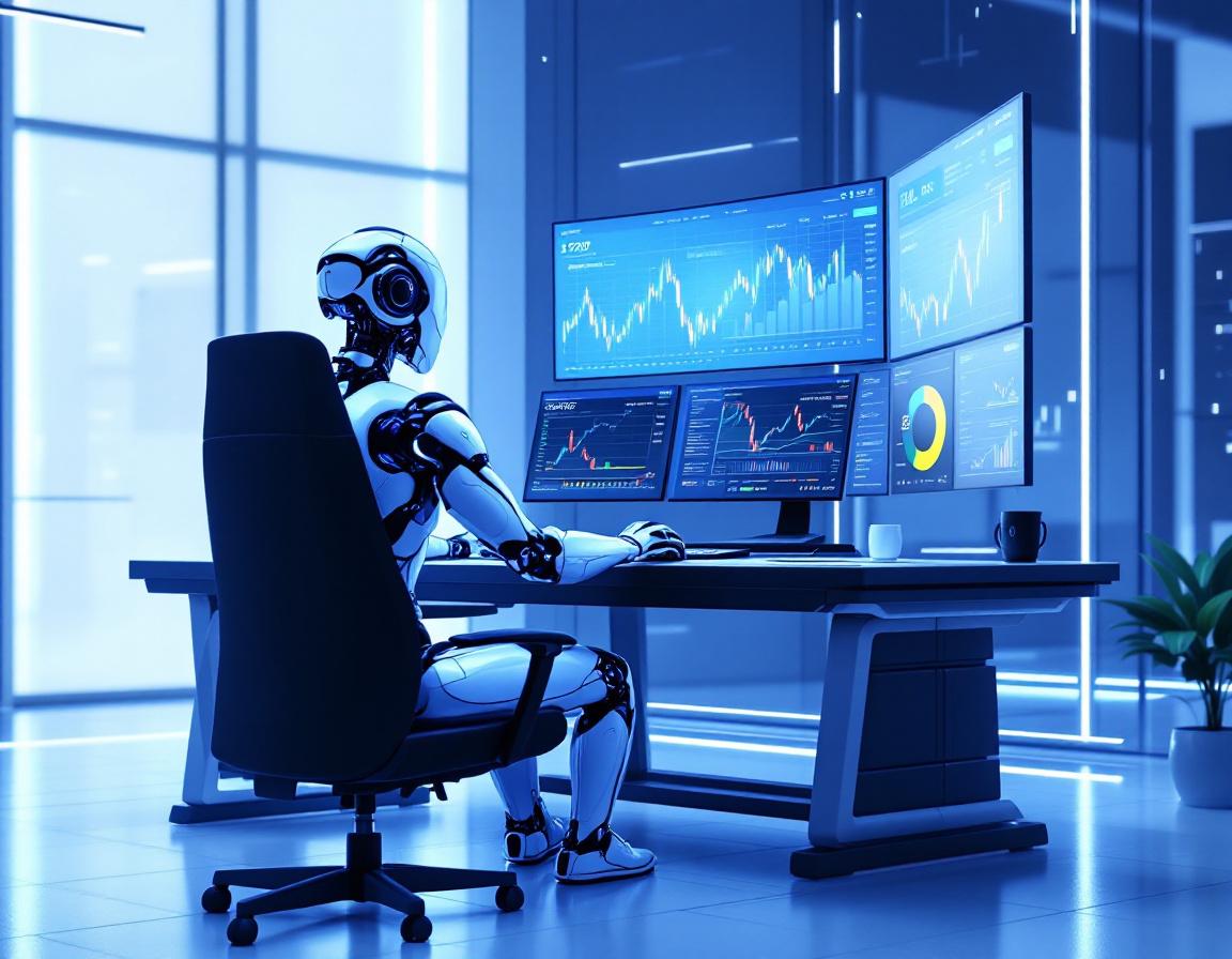 A humanoid AI trading bot analyzes market data at a high-tech workstation with multiple screens.