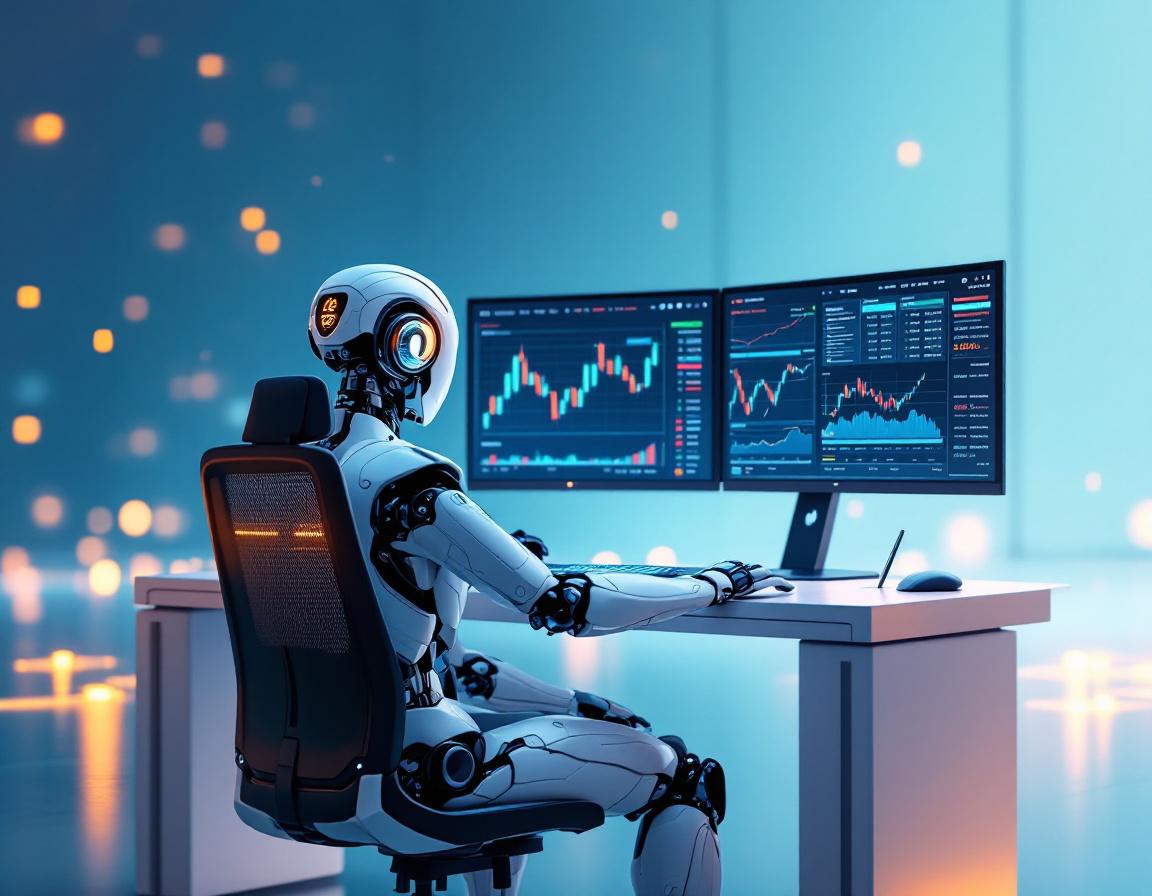 A hyper-realistic AI trading bot analyzes market data with multiple screens in a futuristic setting.