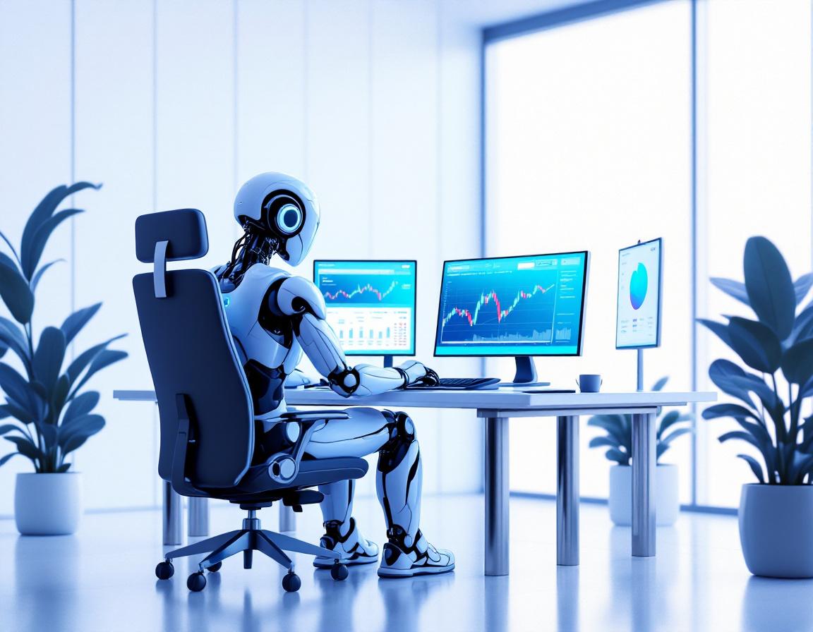 A hyper-realistic AI trading bot analyzes market data on multiple screens in a futuristic setting.