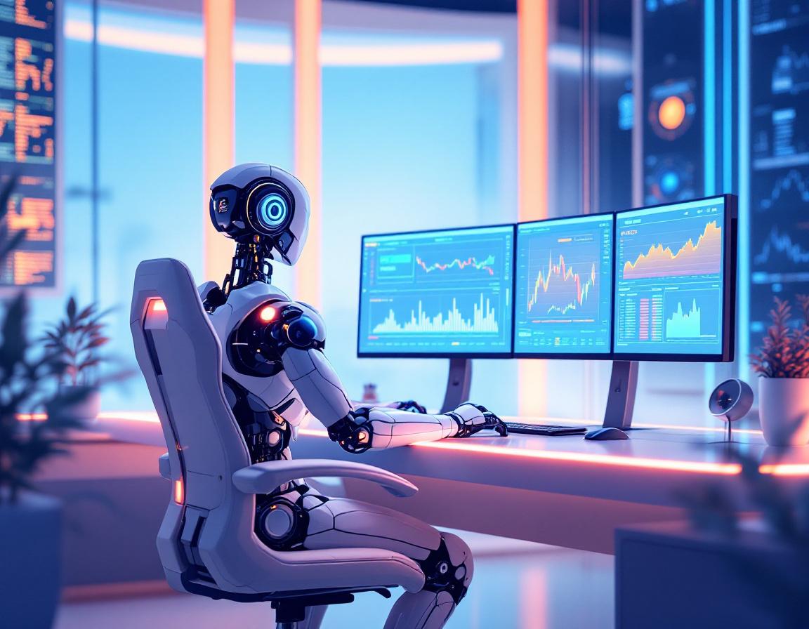 A futuristic AI trading bot analyzes market data at a high-tech workstation with multiple screens.