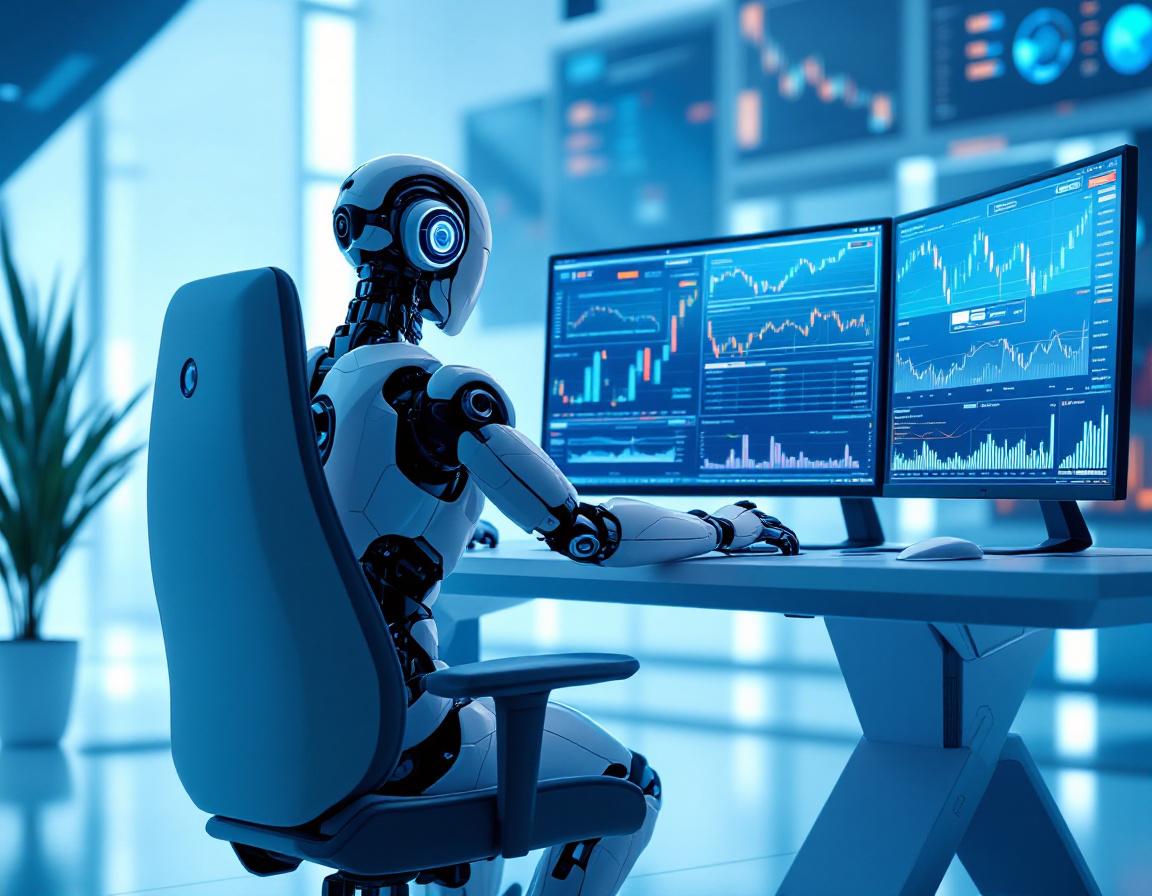 A hyper-realistic AI trading bot at a high-tech workstation analyzing crypto and stock market data.