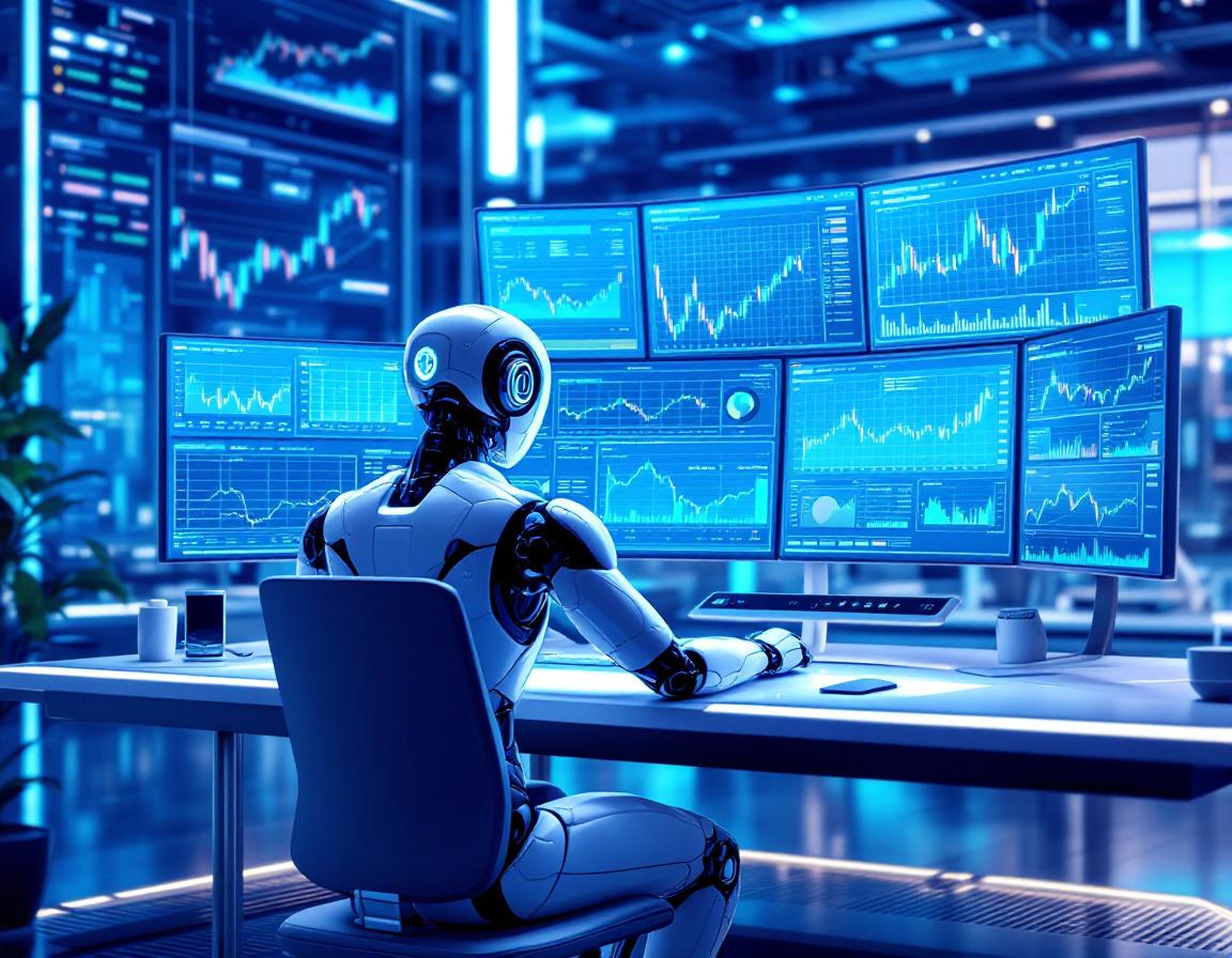 A humanoid AI trading bot in a high-tech workstation analyzing market data on multiple screens.