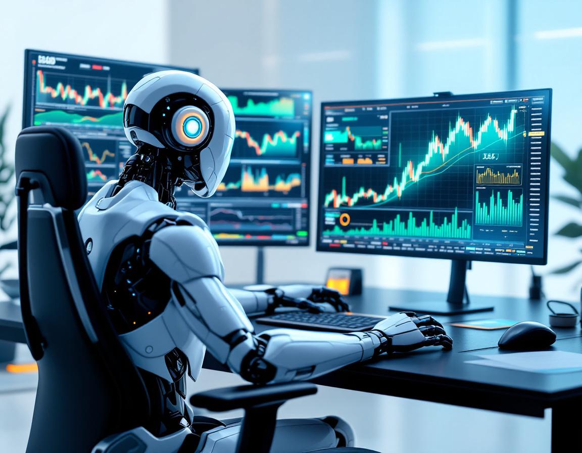A hyper-realistic AI trading bot operates at a high-tech workstation analyzing crypto market data.