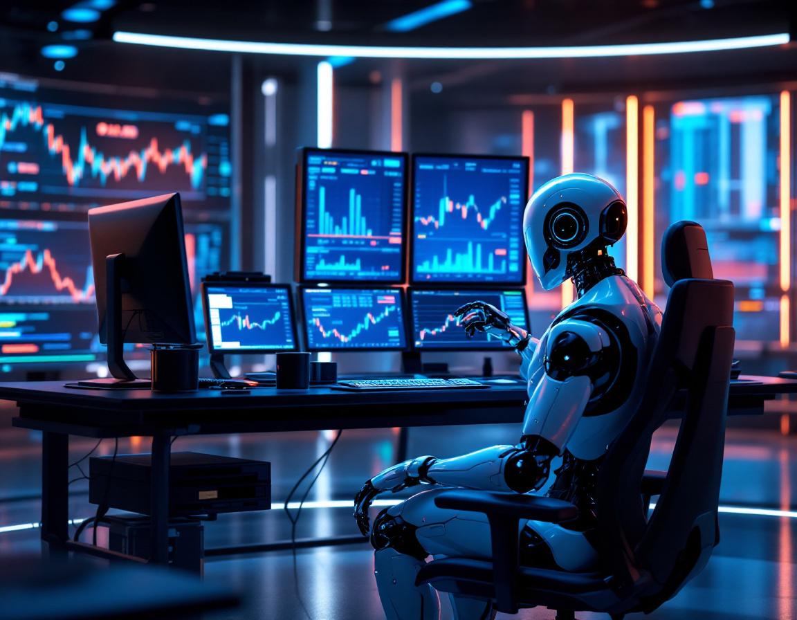 A humanoid AI trading bot at a high-tech workstation analyzing market data on glowing screens.