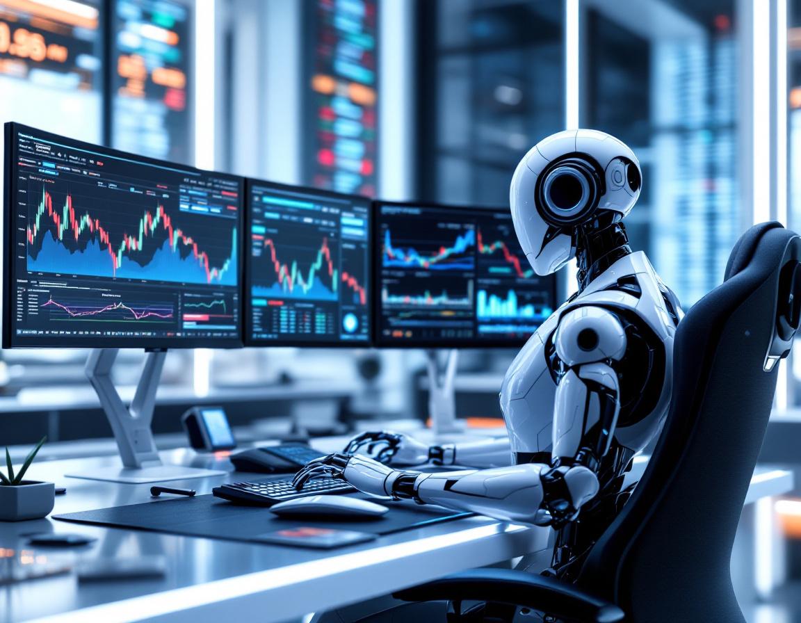A humanoid AI trading bot at a high-tech workstation analyzing market data on multiple screens.