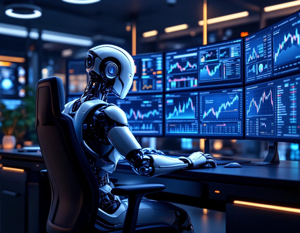A hyper-realistic AI trading bot at a sleek workstation analyzing market data with multiple screens.