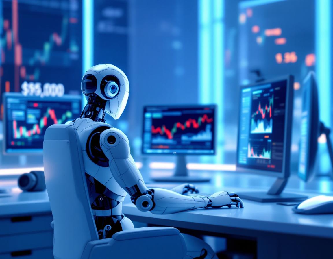 A hyper-realistic AI trading bot analyzes market data on multiple screens in a futuristic setting.
