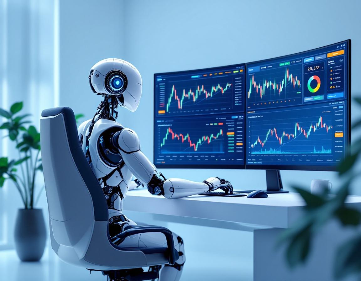 A hyper-realistic AI trading bot at a sleek workstation analyzing market data on multiple screens.