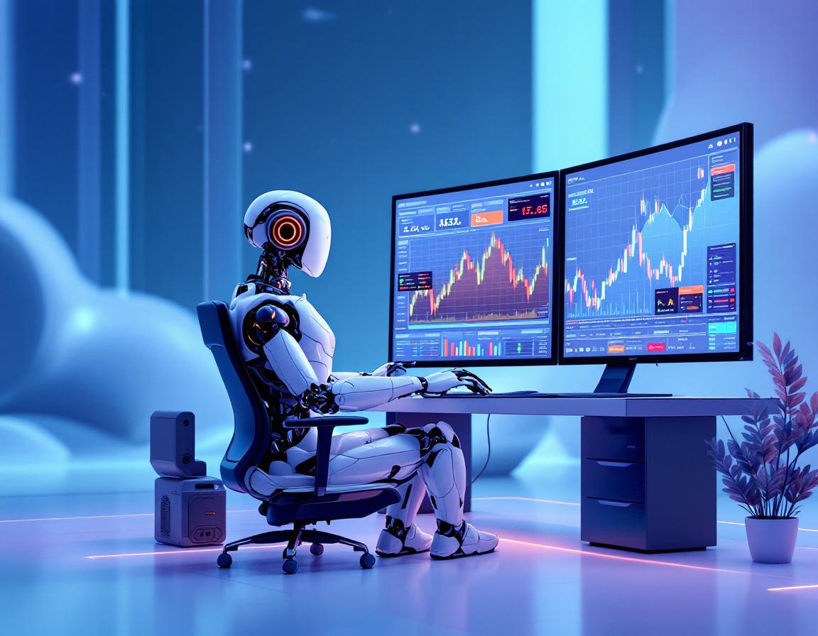 A hyper-realistic AI trading bot seated at a workstation analyzing market data with glowing screens.