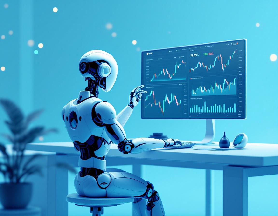 A humanoid AI trading bot analyzes market data at a futuristic workstation with glowing screens.