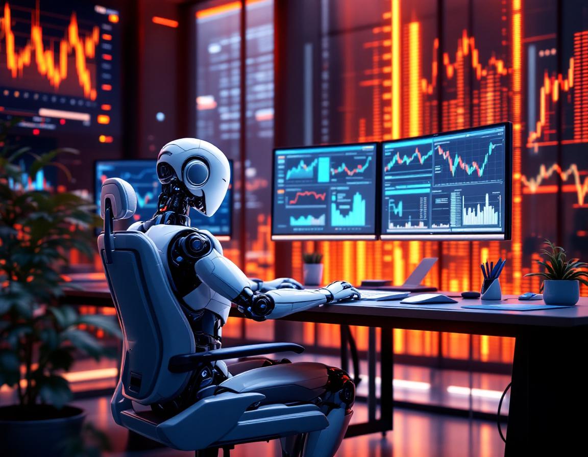 A hyper-realistic AI trading bot at a sleek workstation analyzing market data with multiple screens.